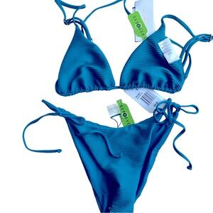 L*Space Bikini Small Top Brittany Bottom Lennox Teal Blue Cia Solid Ribbed NWT